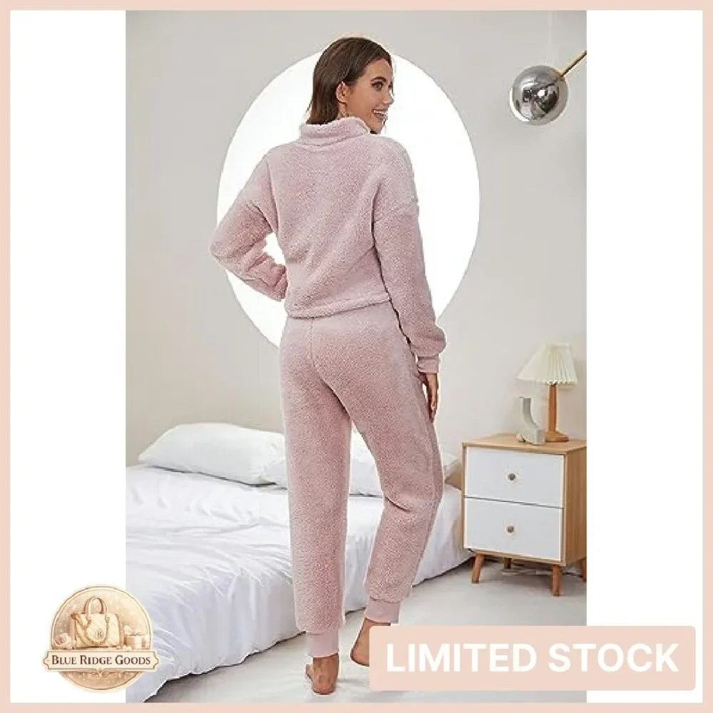 Cozy Fleece Pajama Set Zip-Up Hoodie Lounge Pants Warm Sleepwear